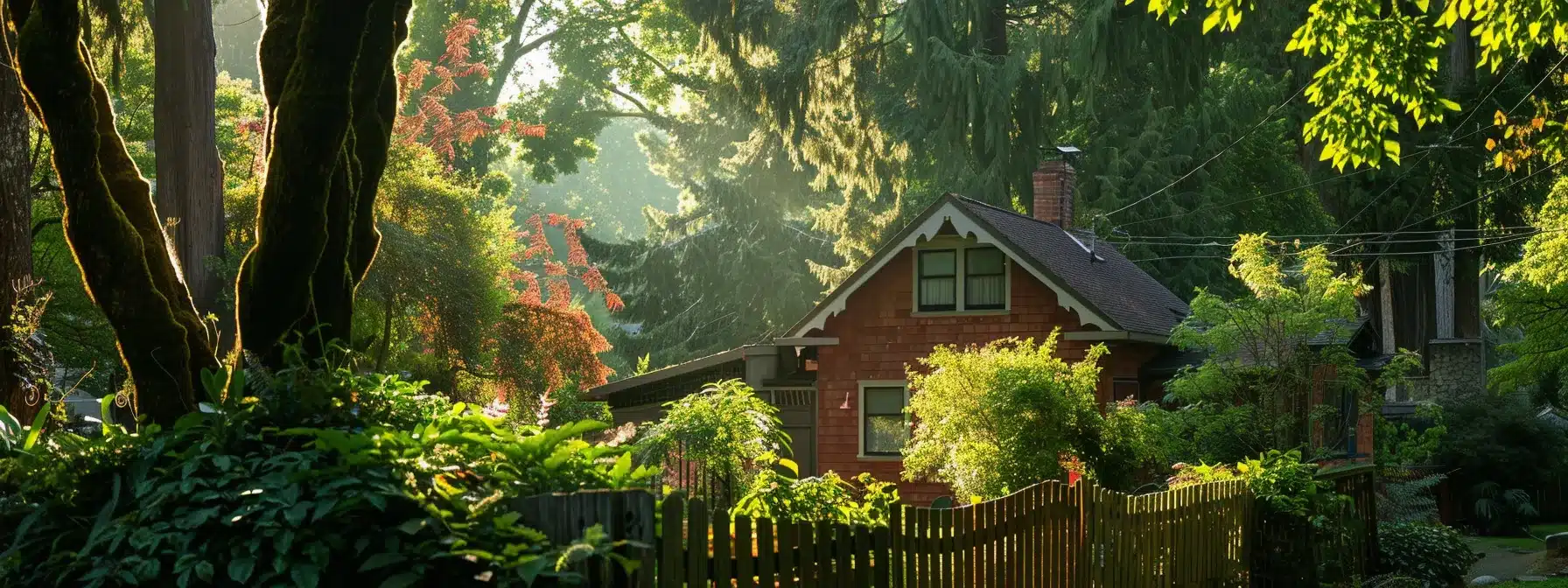 a cozy home nestled among lush green trees, surrounded by a tall fence and protected by a sturdy roof, symbolizing comprehensive home insurance saving money long-term.