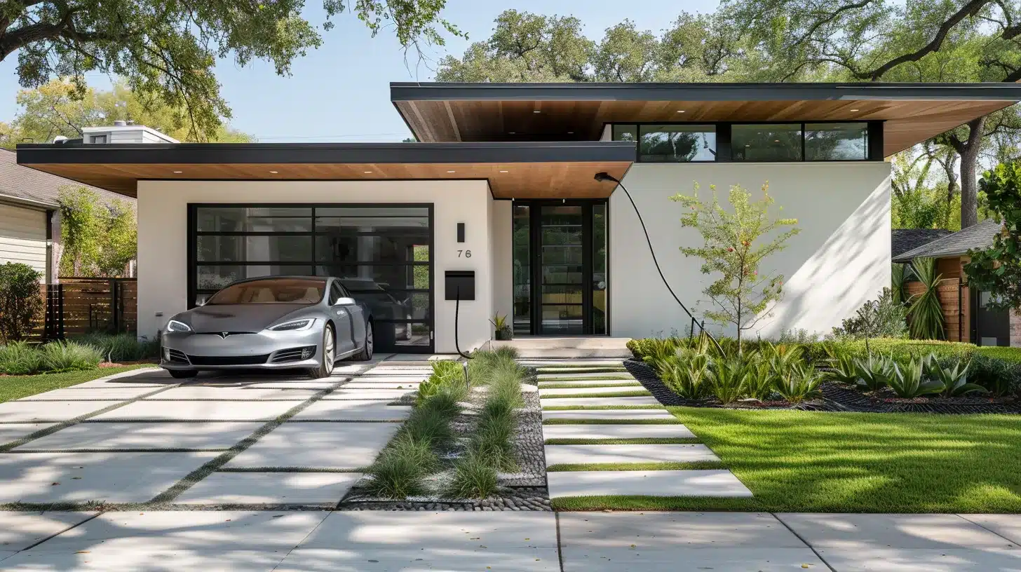 a bright, modern eco-friendly home in brownsville, with a sleek electric car parked in the driveway, showcasing the benefits of local discounts and green home insurance incentives.