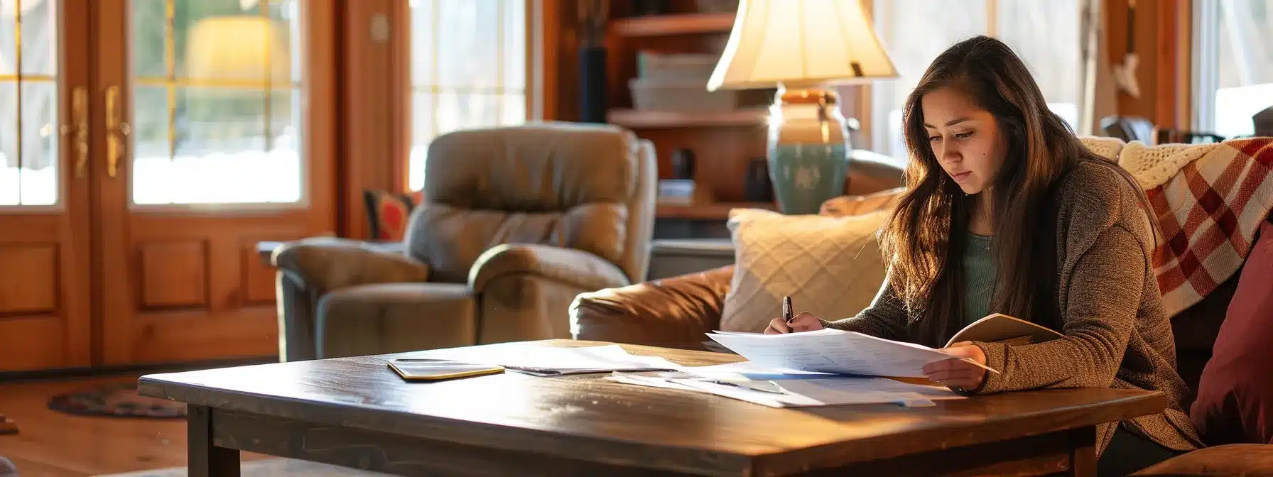 A woman sits at a wooden coffee table in a cozy living room, looking through paperwork with a pen in hand. The space is warm and inviting, with soft lighting, a comfortable sofa, and natural light streaming through large windows.