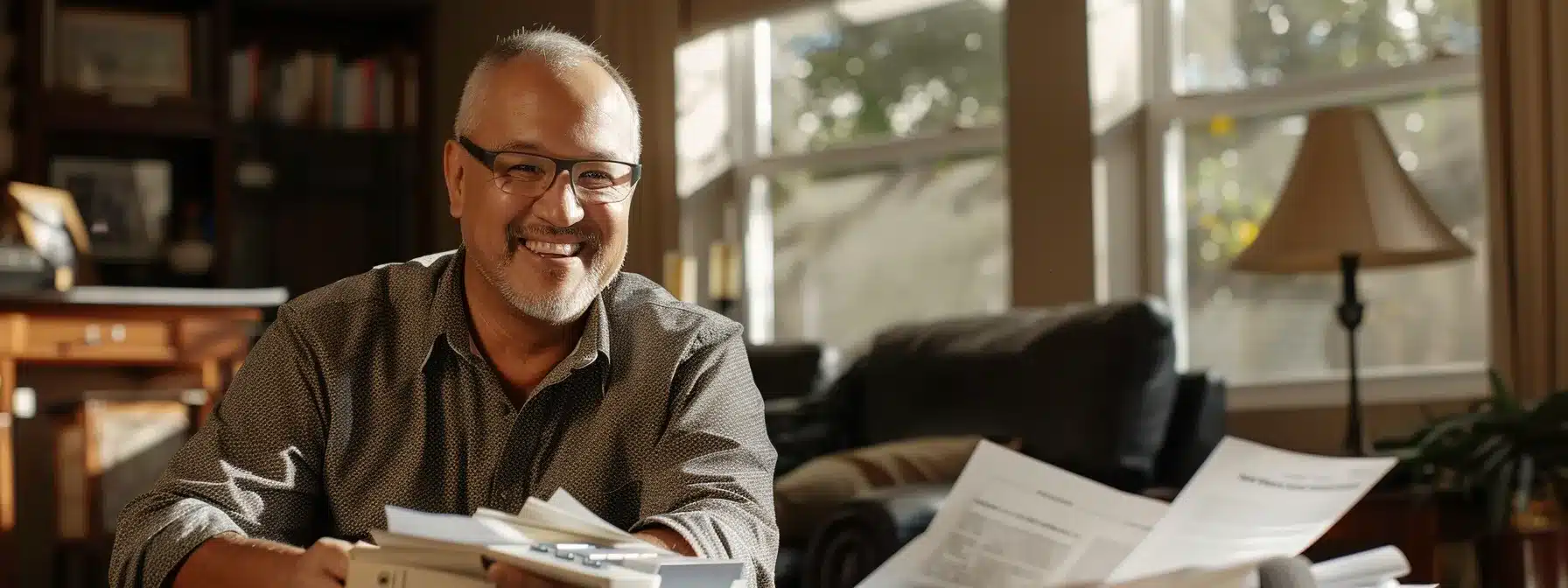 a homeowner in brownsville smiling as they compare competitive premium rates from local insurance providers, surrounded by a stack of insurance documents and a calculator.