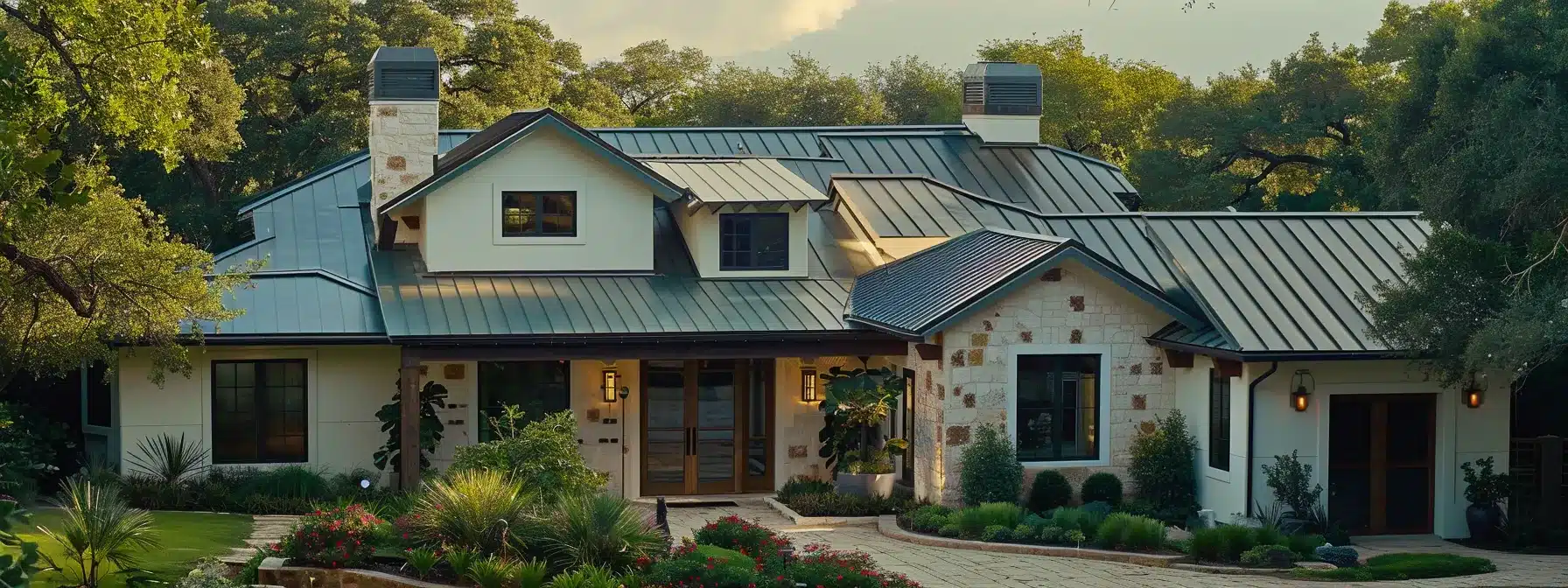 a spacious, modern texas home with a sturdy roof, surrounded by lush greenery and protected by a reliable insurance policy.