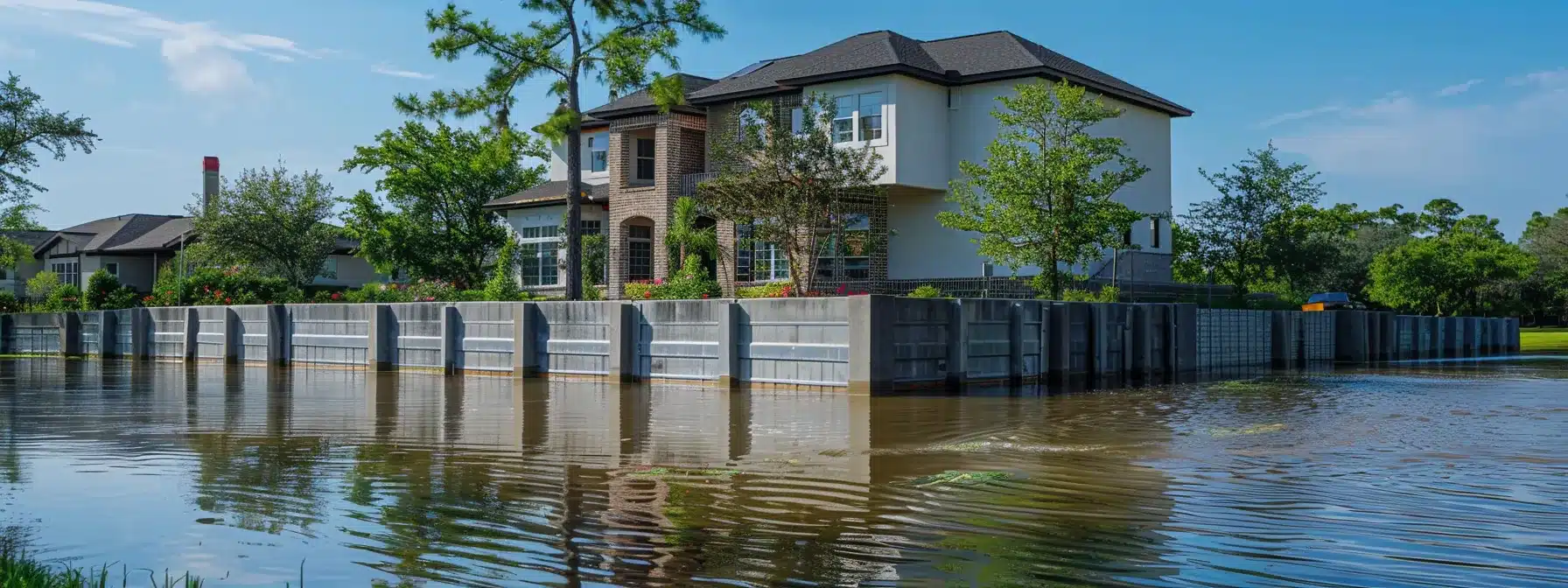 a sturdy texas home surrounded by flood barriers, protecting against potential water damage from storms and floods.