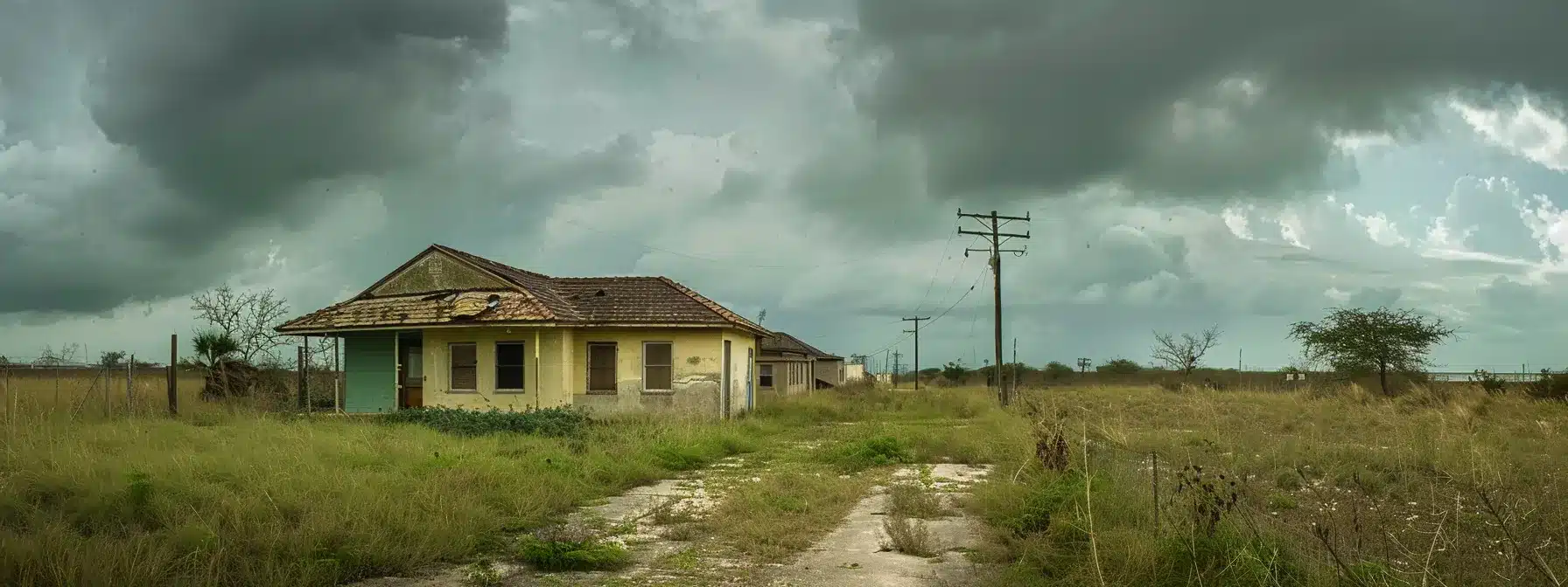 a sturdy house in brownsville, texas fortified against a menacing hurricane approaching in the background.