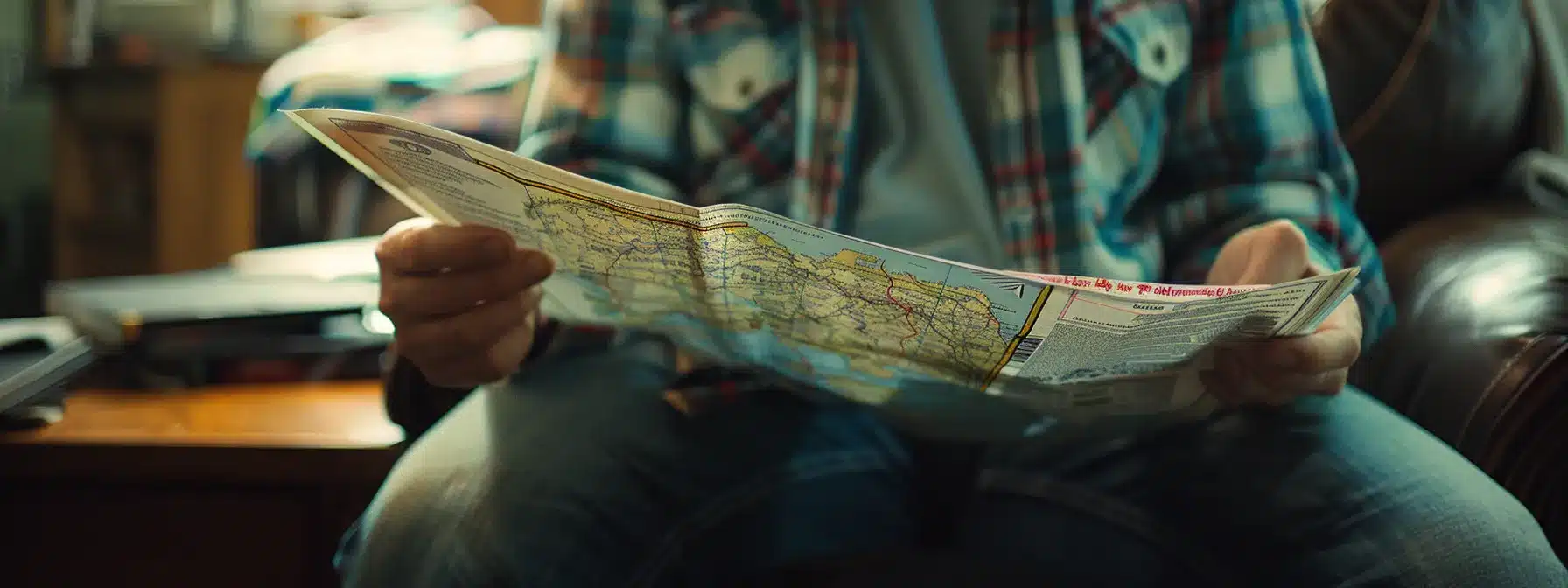 a person confidently reviewing a binder of insurance policies, with a map of brownsville, padre island, and the united states spread out in front of them.