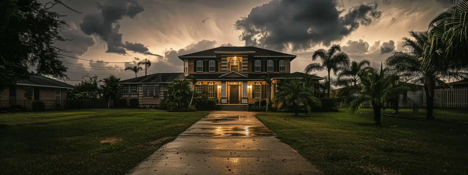 a house in brownsville with sturdy shutters and reinforcements, surrounded by a well-planned emergency evacuation route, preparing for potential hurricane impacts.