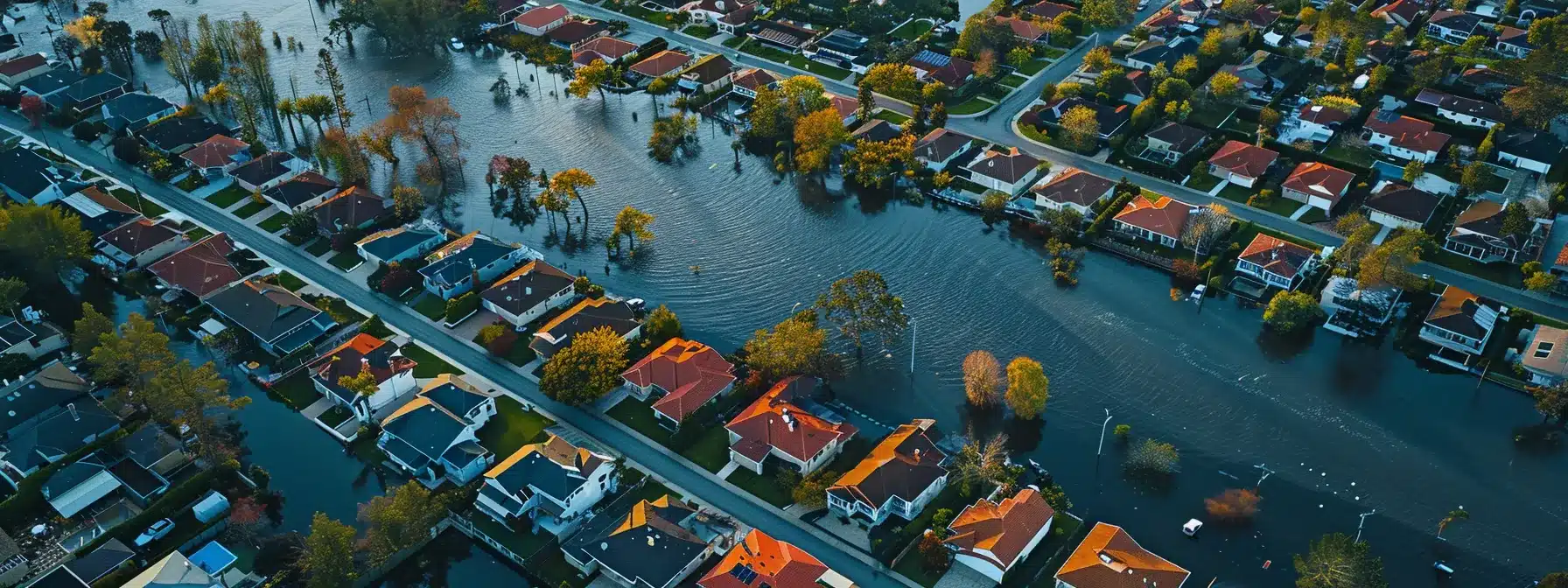 a dramatic aerial view of a sprawling residential area, contrasting vibrant homes against encroaching floodwaters, conveys the urgent need for homeowners to understand flood zone classifications and risk assessments.