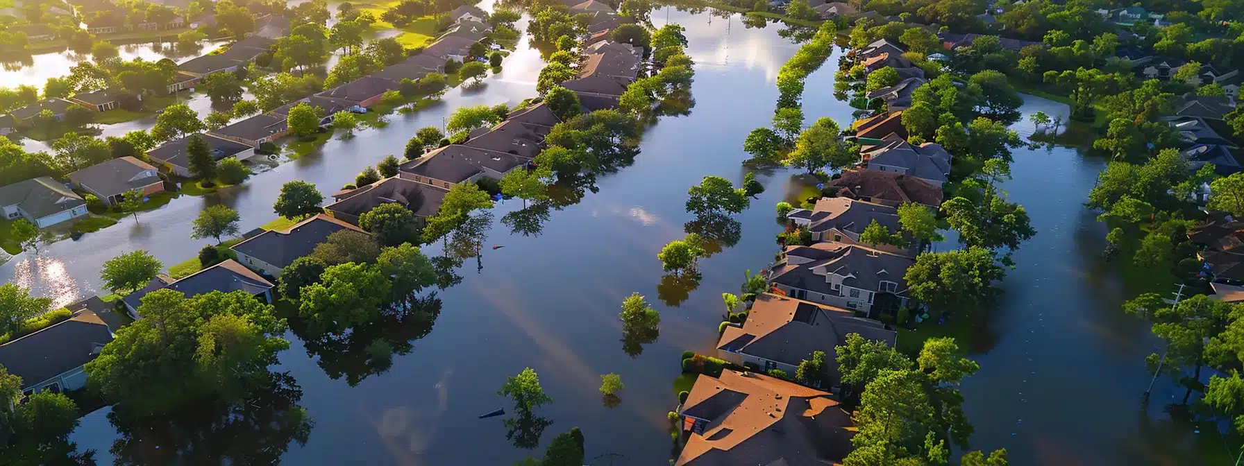 a serene landscape showcases a split view of a vibrant neighborhood on one side, contrasted with an encroaching flood zone on the other, highlighting the importance of understanding flooding risks for homeowners.