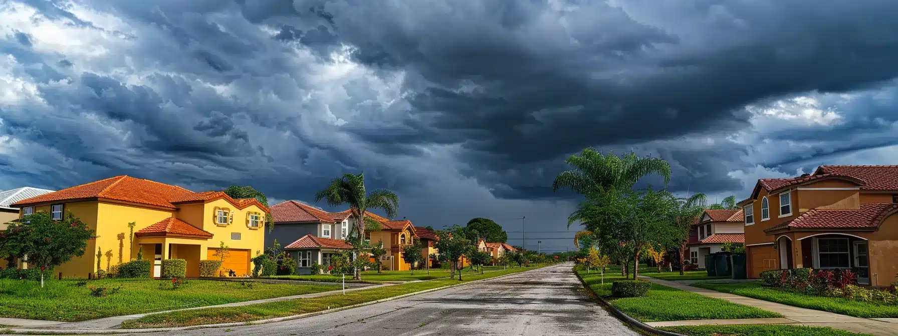 a serene residential neighborhood in brownsville, tx, showcases well-maintained homes with vibrant gardens standing resilient against the backdrop of ominous storm clouds, symbolizing the importance of flood insurance and protection.